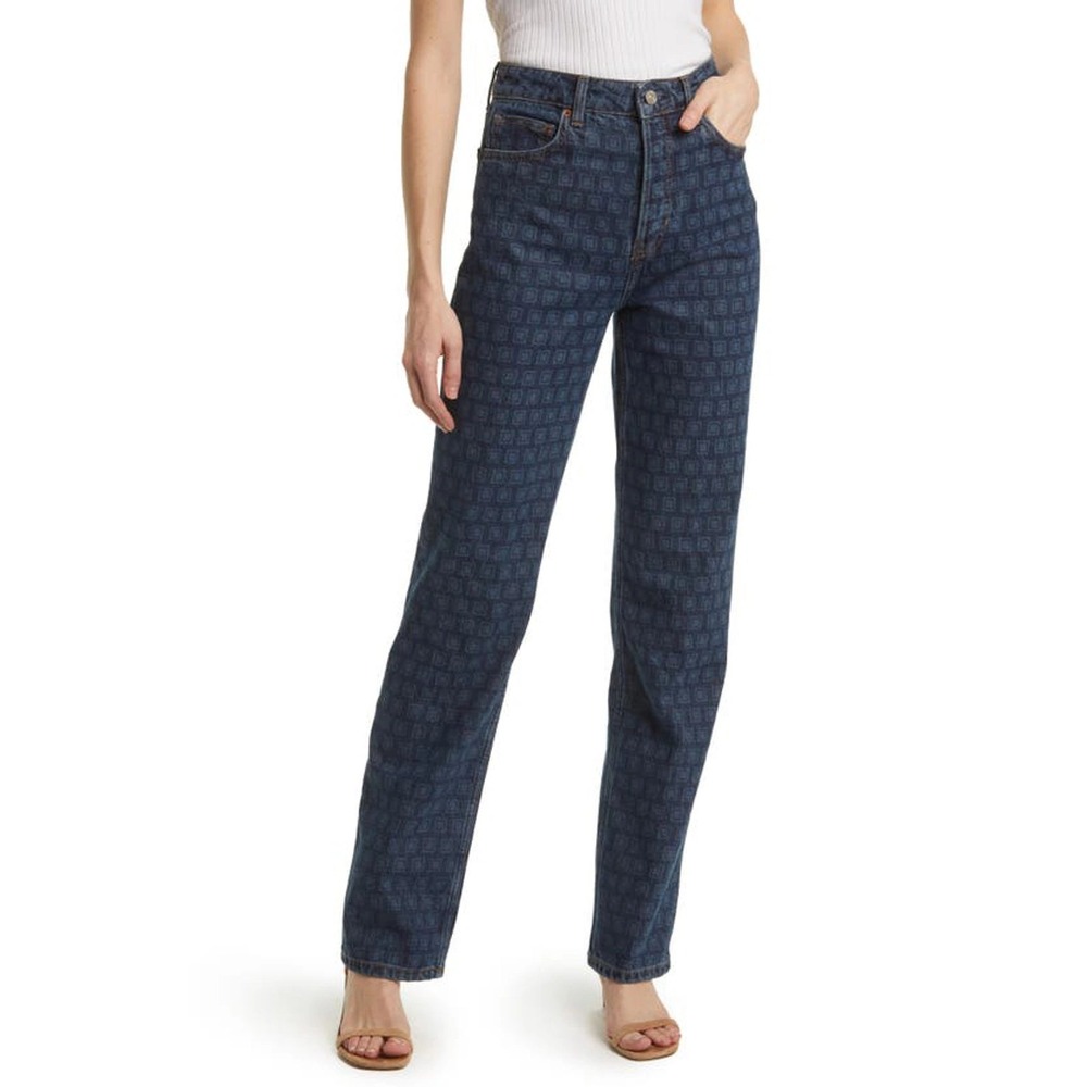 Reformation Cynthia High Rise Straight Long Jeans Women 30 Blue Disco Geometric
